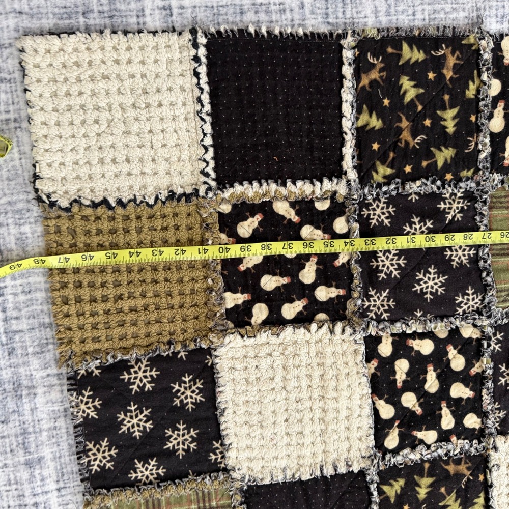 Handmade Winter Rag Quilt Patchwork Throw Blanket Snowman Reindeer Plaid 48x55 - Picture 6 of 8